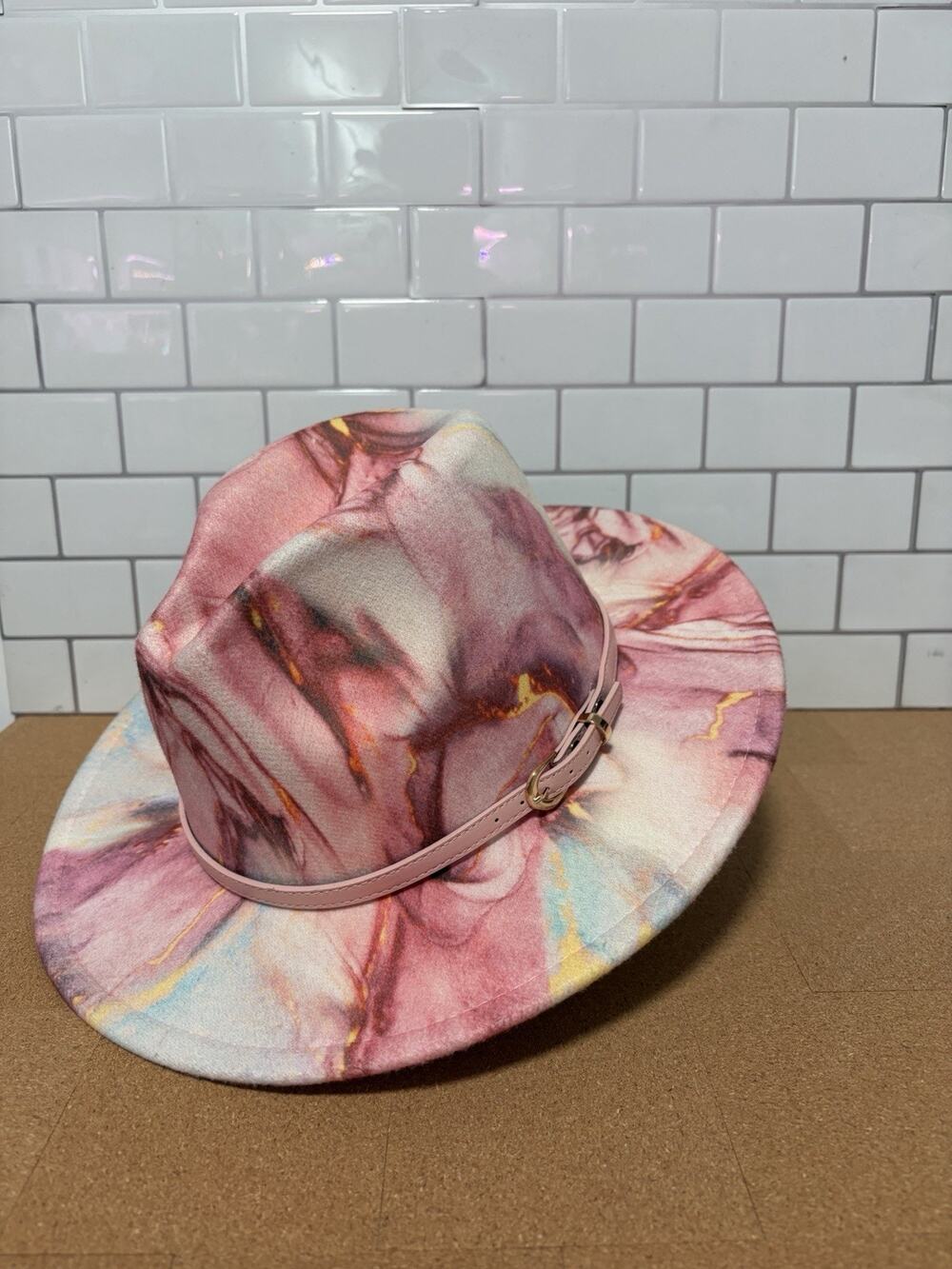 Pink Marble Fedora Hat Wide Brim Boho Rancher Hat Adjustable Belt Band One Size